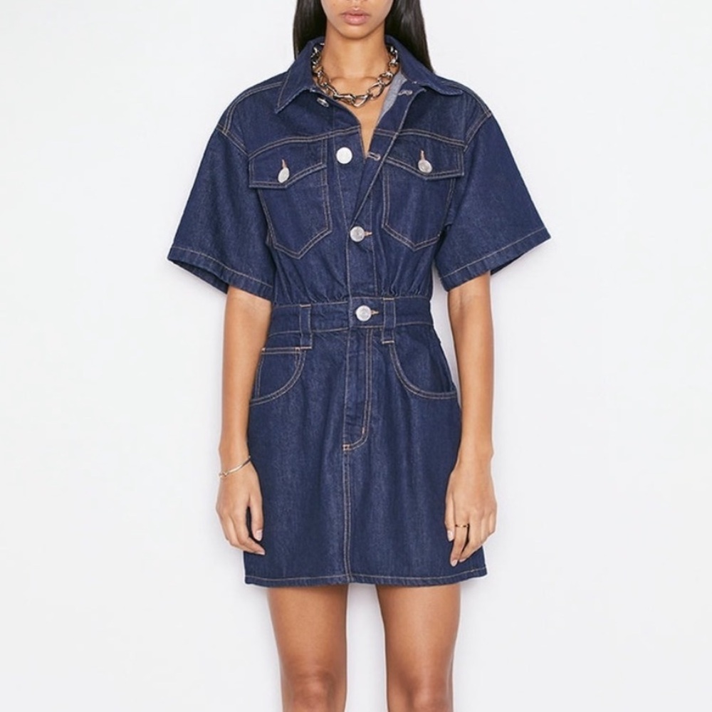 Frame $398 Oversized Button Detail Denim Short Sleeve Mini Dress Dark Wash XS